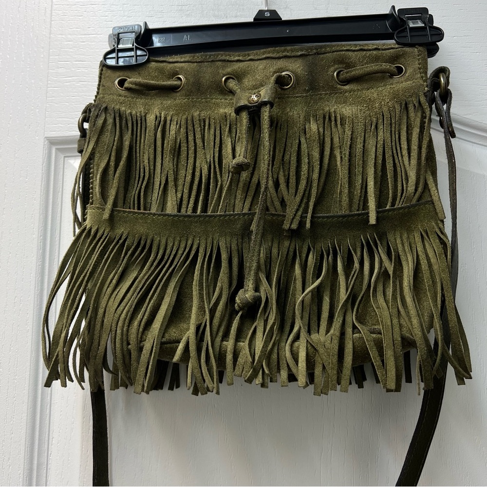 Patricia Nash Army Olive Green Fringed Boho Bohemian Suede Crossbody Bag
